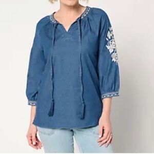 Belle by Kim Gravel Fresh Picked Stretch Denim Shirt Large Rinse Wash A679770